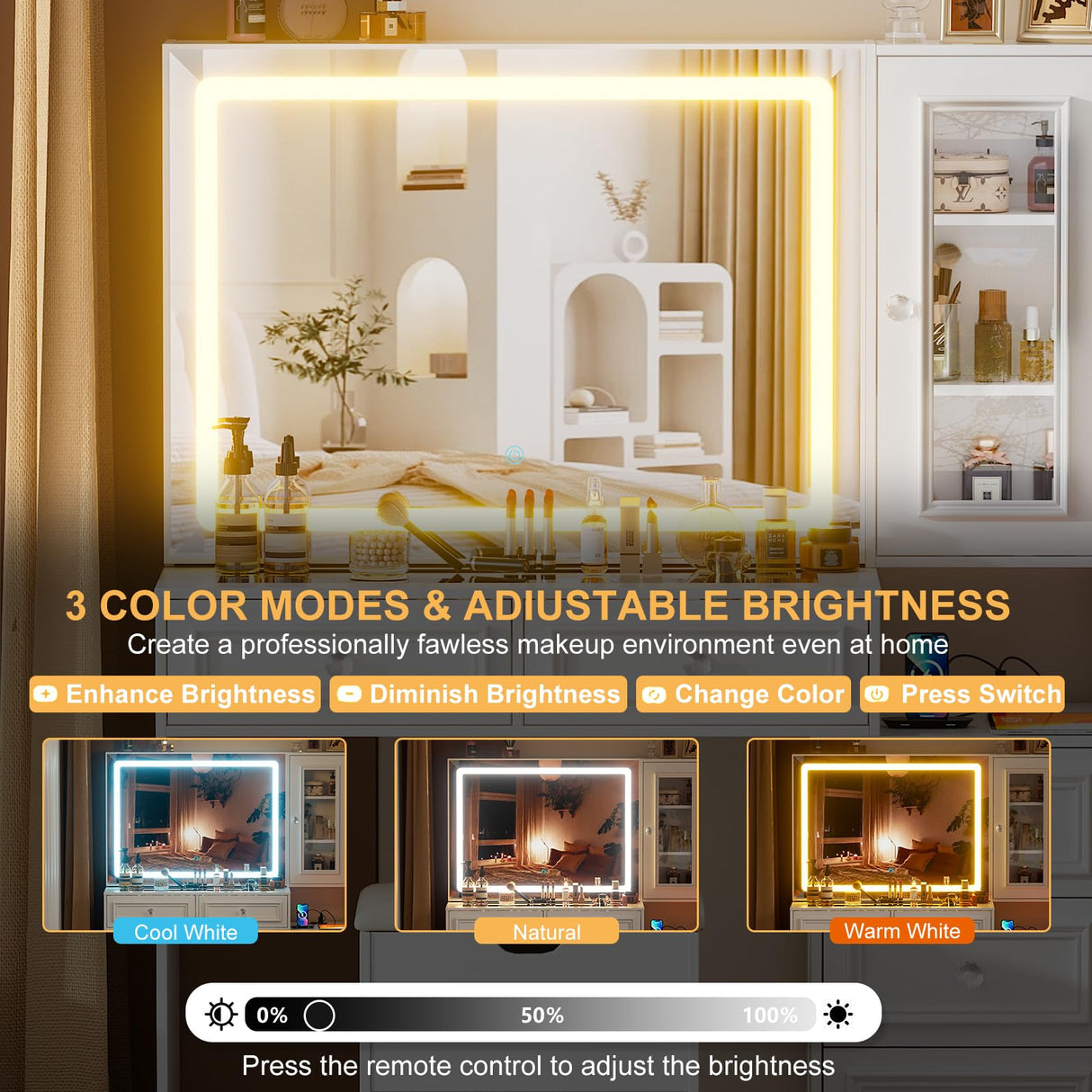 PAKASEPT Vanity Desk with Sliding Mirror and Lights, 44" Makeup Vanity Table with Glass Top, 5 Drawers, Storage Cabinet, 2 Hidden Storage Shelves, Charging Station & Stool Set for Bedroom, White PAKASEPT