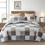 Y-PLWOMEN Plaid Quilt King Size - 100% Cotton Farmhouse King Quilt with 2 Pillow Shams, Breathable Lightweight Comforter Quilted Bedspreads Bedding Set, Grey Brown, King(98 * 106 Inch) Y-PLWOMEN
