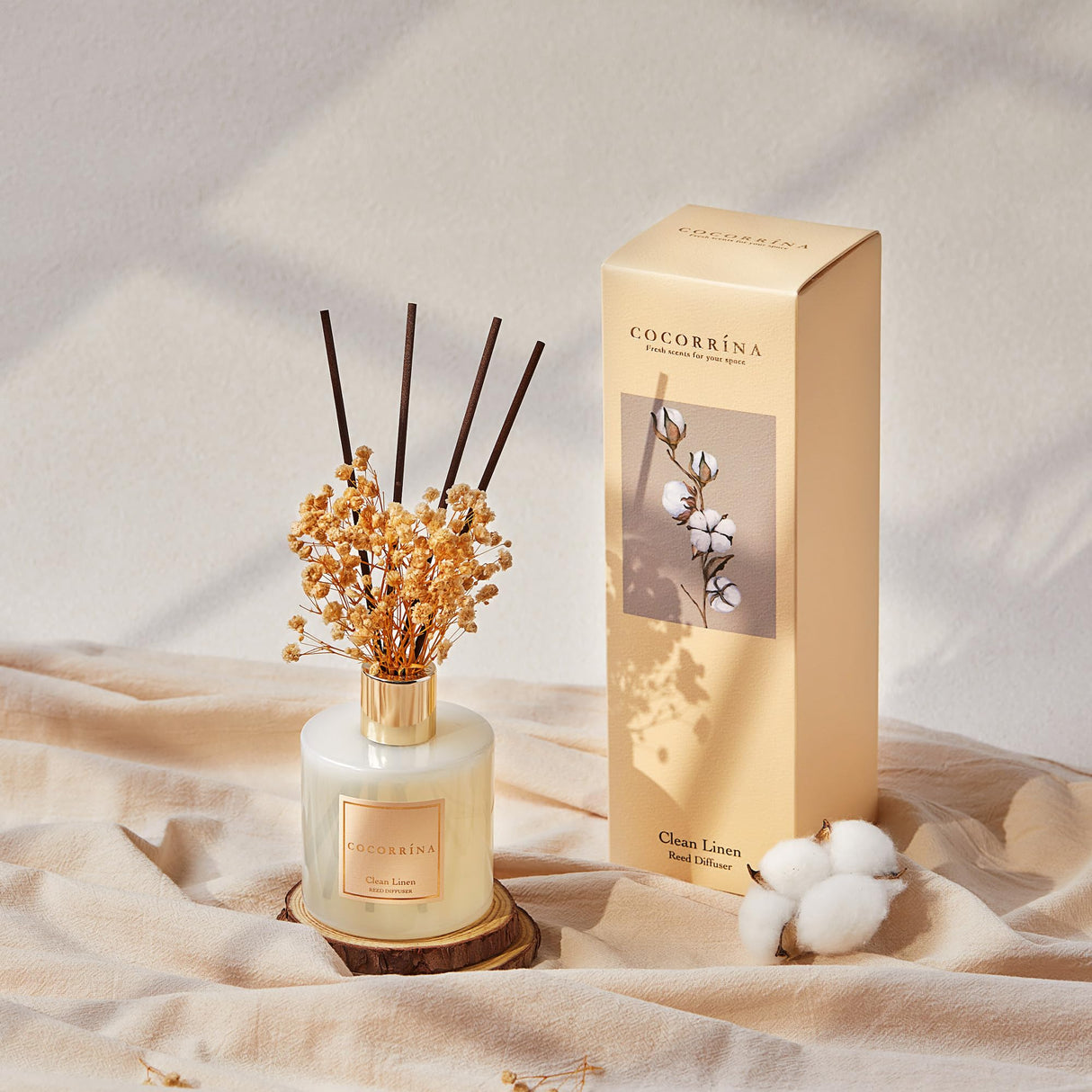 Cocorrína Reed Diffuser Set, 6.7 oz Clean Linen Scented Diffuser with Sticks Home Fragrance Reed Diffuser for Bathroom Shelf Decor COCORRÍNA