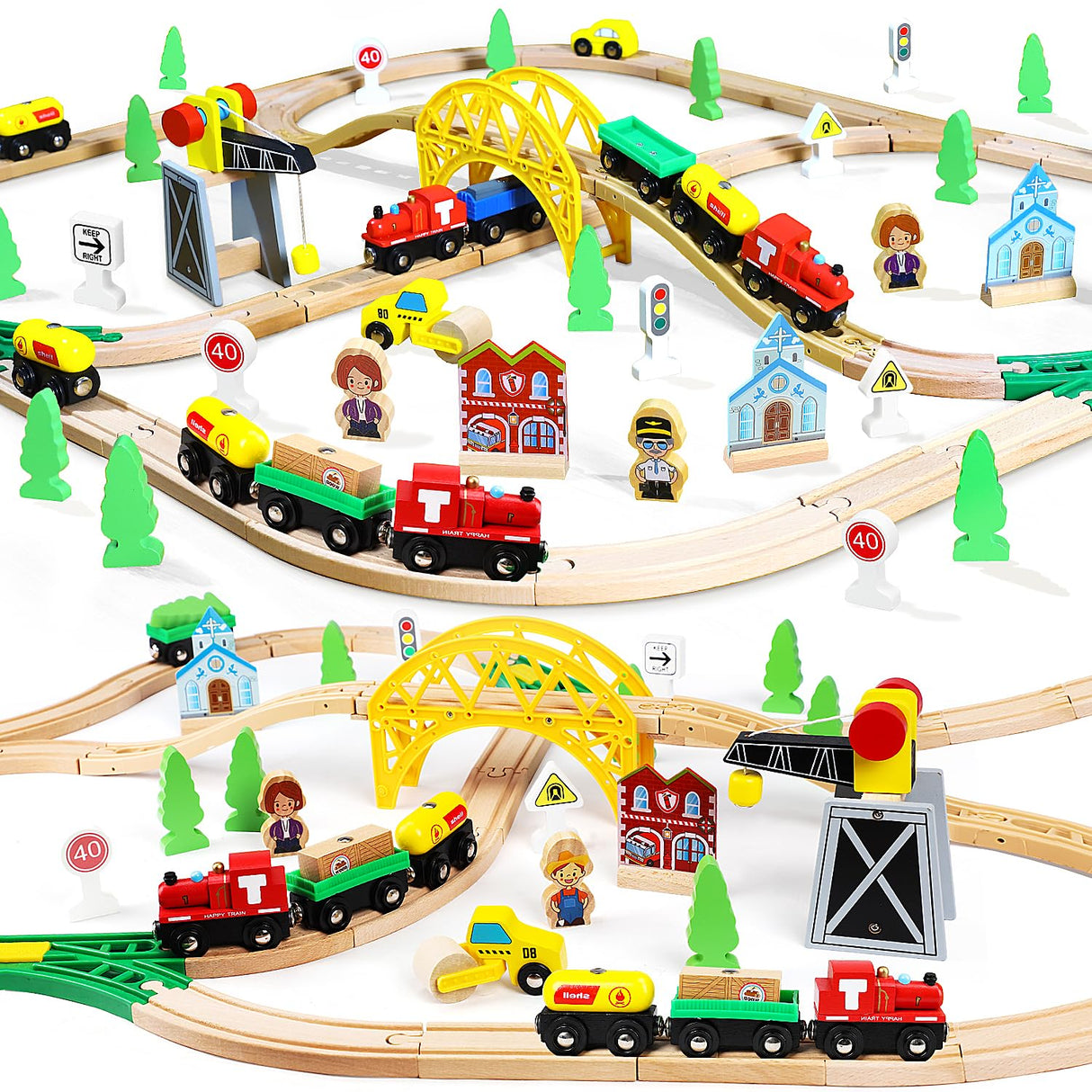 TOY Life Wooden Train Set with Crane Wood Train Tracks 60pcs Toddler Boy Toys for 3 Year Old Boys - Fits Thomas Brio Melisa Chugginton Train Track TOY Life