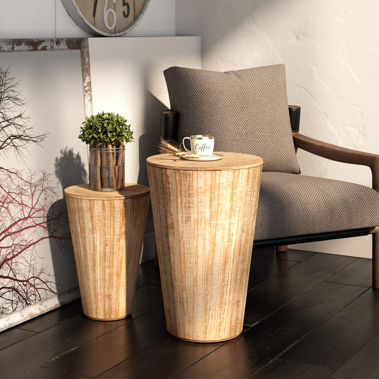 Aoikax Farmhouse Nesting Barrel Side Table, Rustic Space Saving Storage End Table Set Fully Assembled, Natural Distressed Finish Aoikax