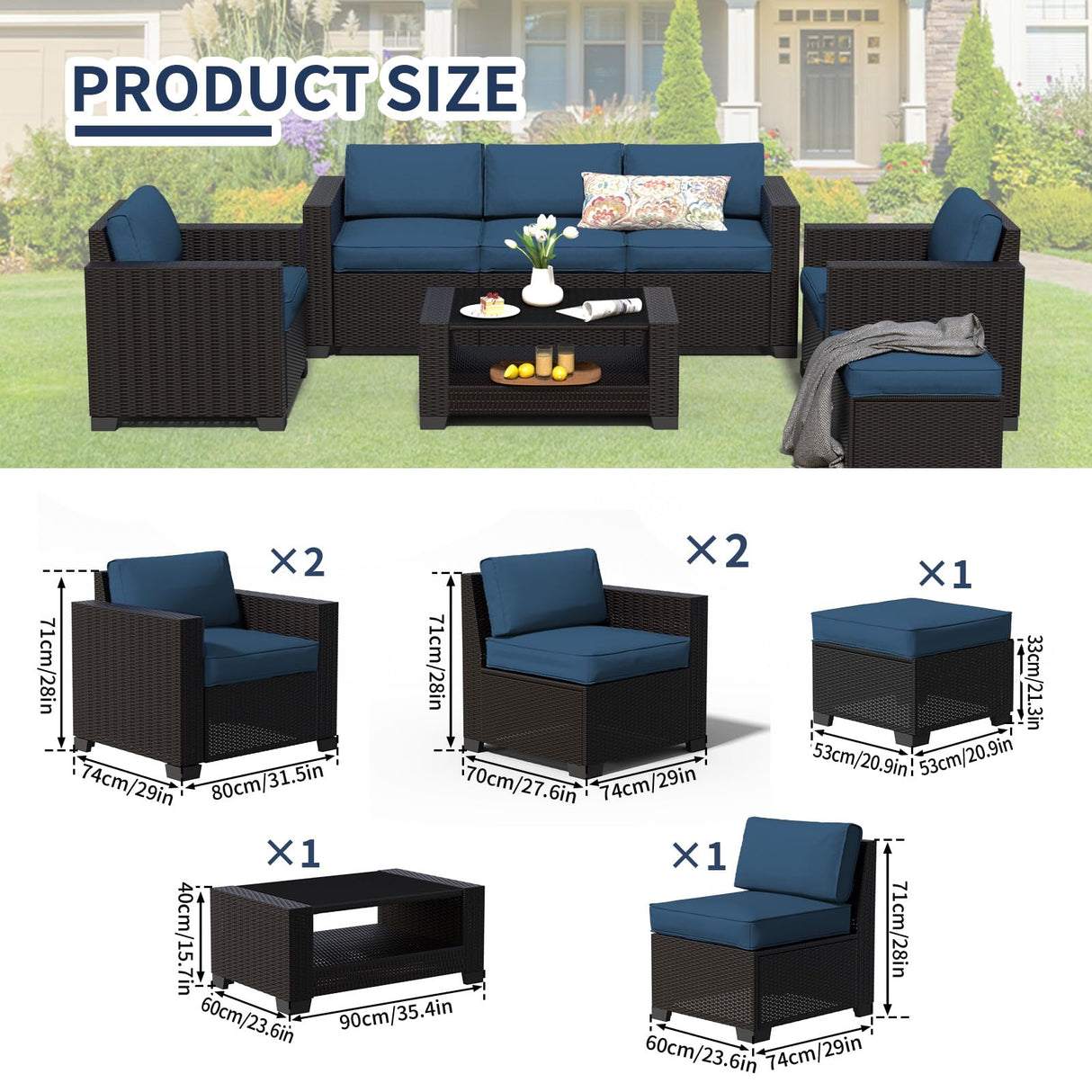 7 Piece Patio Furniture Set, Wicker Outdoor Sectional Sofa with Washable Cushion Covers and Tempered Glass Table, Rattan Conversation Set for Poolside (Black Rattan + Prussian Blue, 7 pcs) SHGJ&SOFT