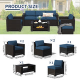7 Piece Patio Furniture Set, Wicker Outdoor Sectional Sofa with Washable Cushion Covers and Tempered Glass Table, Rattan Conversation Set for Poolside (Black Rattan + Prussian Blue, 7 pcs) SHGJ&SOFT