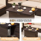 LHBcraft 8-Piece Outdoor Patio Furniture Set, Wicker Rattan Sectional Conversation Set with 50,000 BTU Propane Fire Pit Table for Garden and Patio,Brown LHBcraft