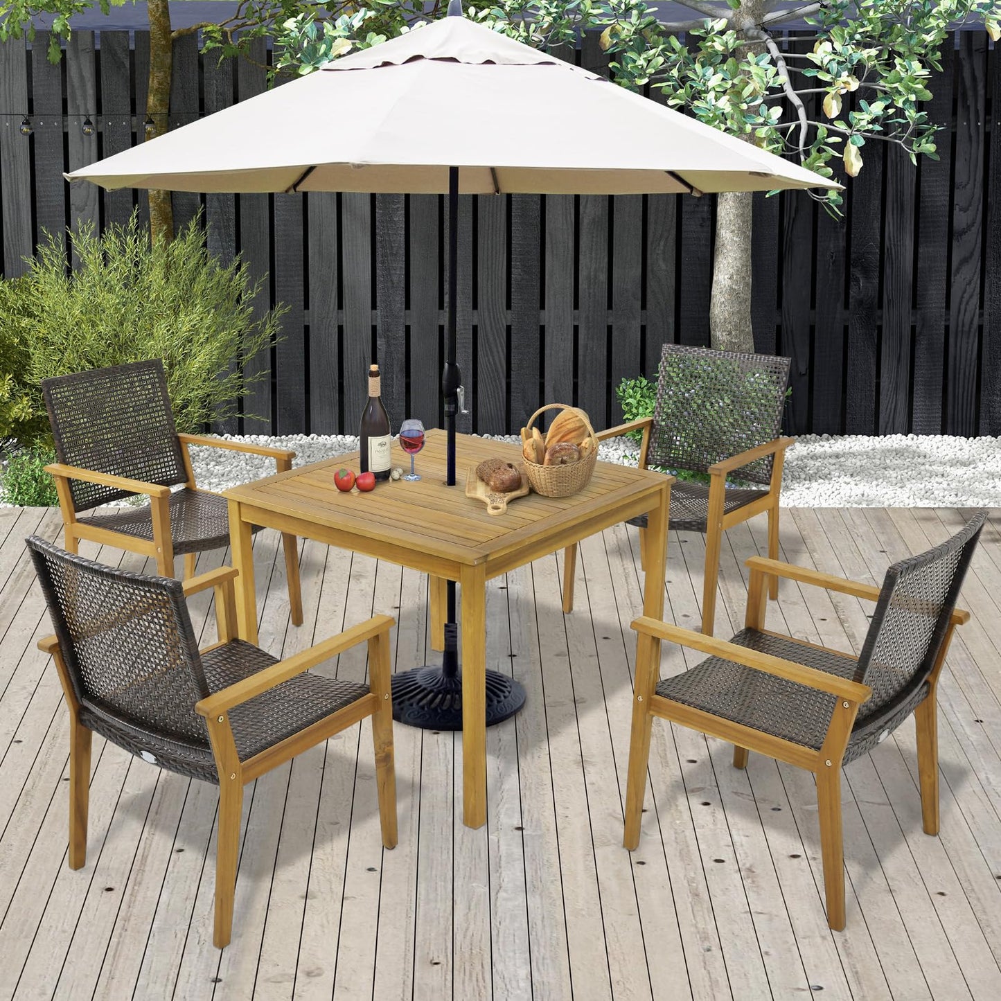 Tangkula Patio Dining Chairs Set of 4, Outdoor Acacia Wood & PE Wicker Chairs with Armrests, Outdoor Rattan Armchairs for Garden, Backyard, Poolside, Balcony (Mix Brown) - WoodArtSupply