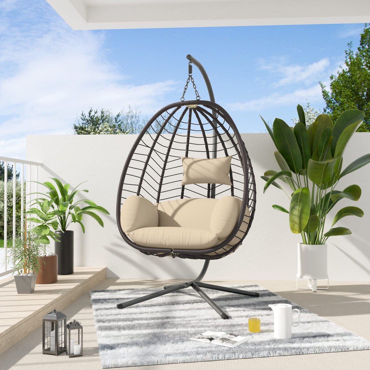 ALAULM Egg Swing Chair Outdoor Indoor Wicker Rattan Hanging Chair with Stand 350lbs Capacity w/Strong Frame & UV Resistant Cushions for Patio Balcony Bedroom (Brown) ALAULM