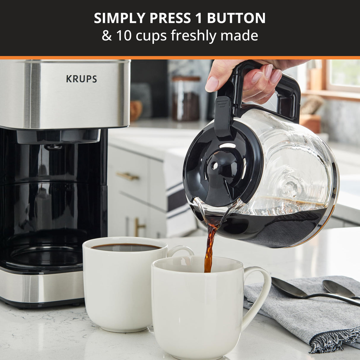 KRUPS Coffee Maker 10 Cups Simply Brew Stainless Steel Drip Coffee Maker, 900 Watts Coffee Filter, Drip Free, Dishwasher Safe Pot Silver and Black KRUPS