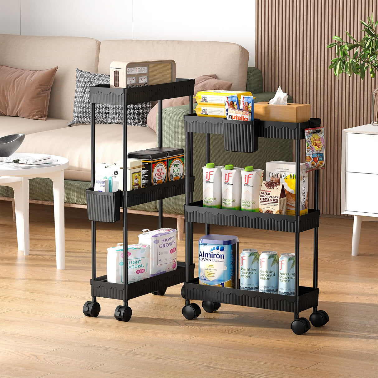 Sevenblue Slim Storage Rolling Cart with Wheels, 2 Pack 3 -Tier Rolling Cart Bathroom Organizers and Storage, Utility Cart for Laundry Room Organization, Bathroom and Kitchen Narrow Places, Black Sevenblue