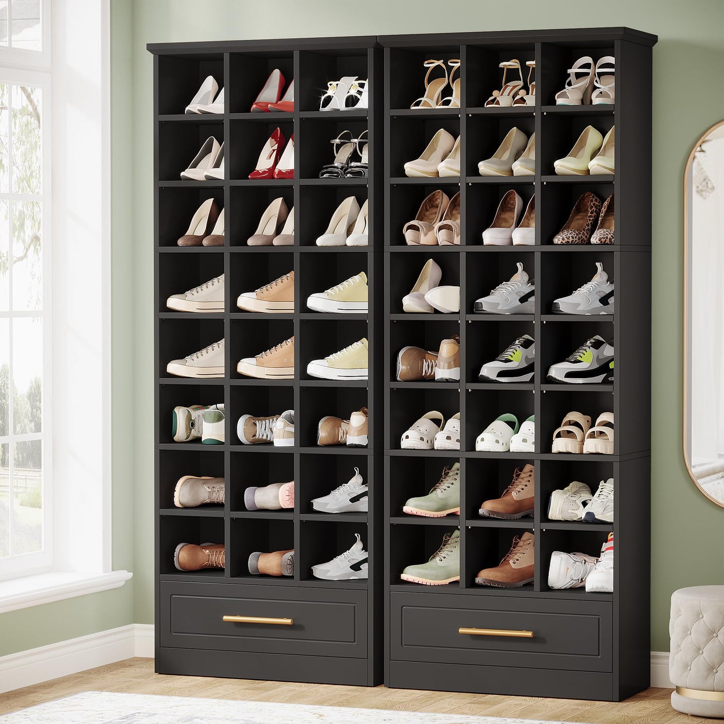 Tribesigns Set of 2 Black Shoe Cabinet, 71" Tall Wooden Shoe Cabinet with Bottom Drawer, 71" Freestanding Shoes Storage Orgainzer with 24 Cubbies for Closet, Entryway (2, Black) - WoodArtSupply