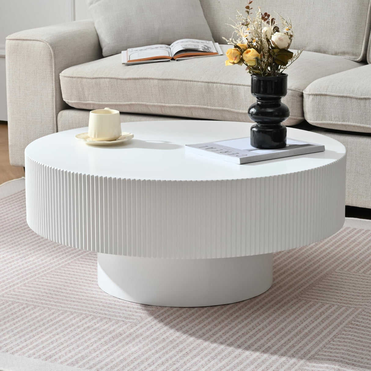 Merax Modern Round Coffee Table with Sturdy Base, Wood Sofa Center Tables for Living Room, Reception Room, Easy Assemble, White Merax