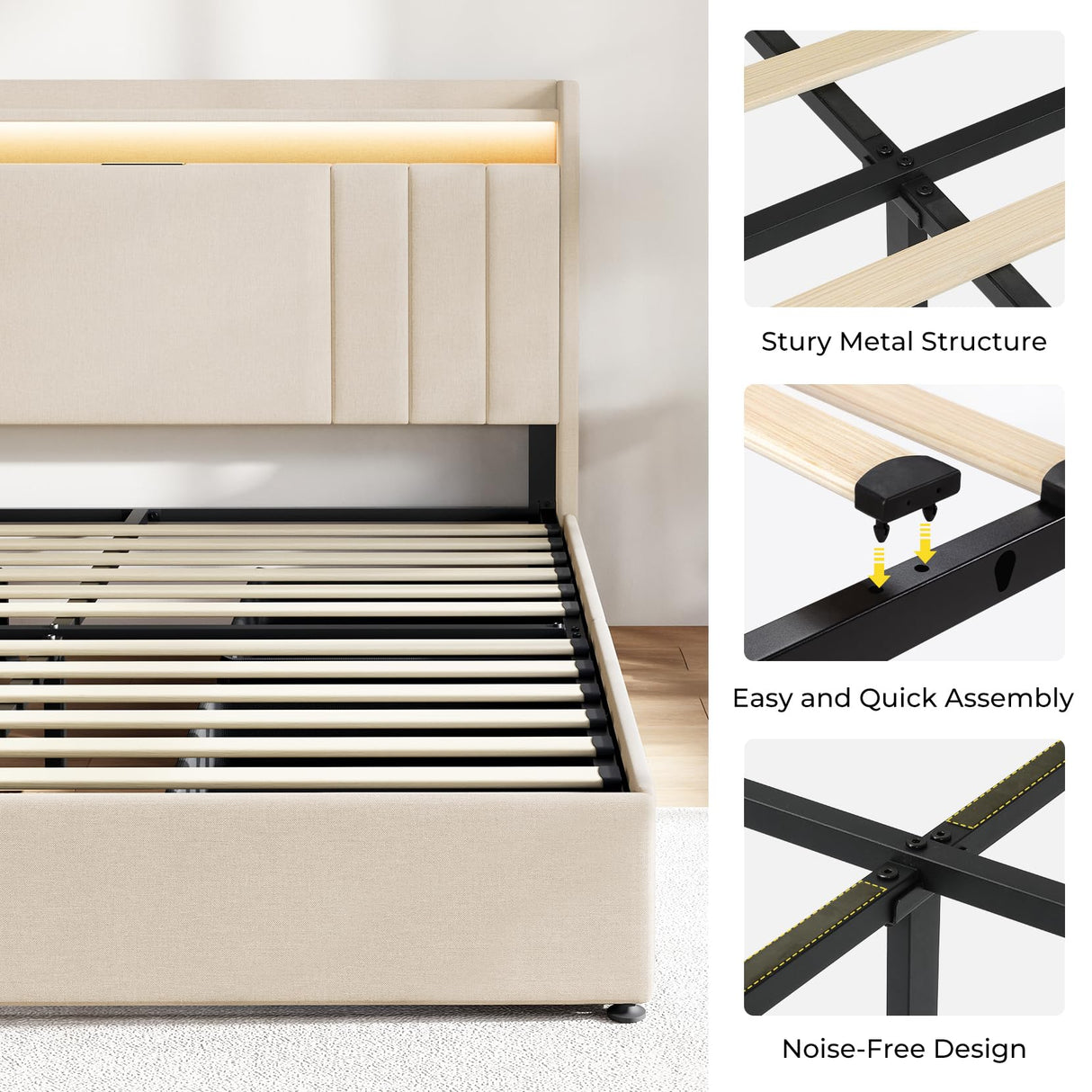 koorlian Queen Size Upholstered Bed Frame with 4 Storage Drawers and 51'' Tall Headboard Wingback Platform Bed Frames with RGB LED & USB Charging, 3 Adjustable Height, Noise-Free/Metal Support, Beige koorlian