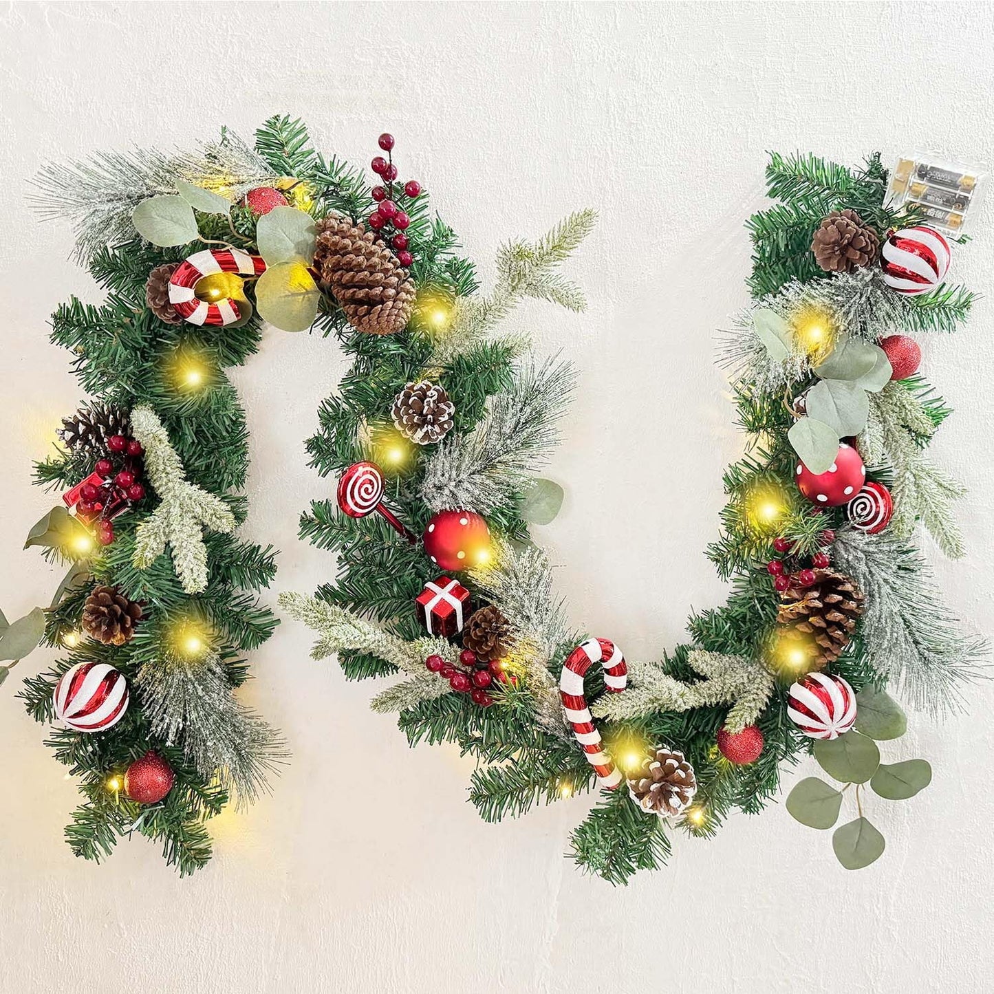 WANNA-CUL Pre-Lit 6 Feet/ 72 Inch Christmas Garland with Lights for Front Door Red White Christmas Mantel Garland Decoration with Ball Ornaments,Candy Canes,Eucalyptus Leaves, Battery Operated 30 LED