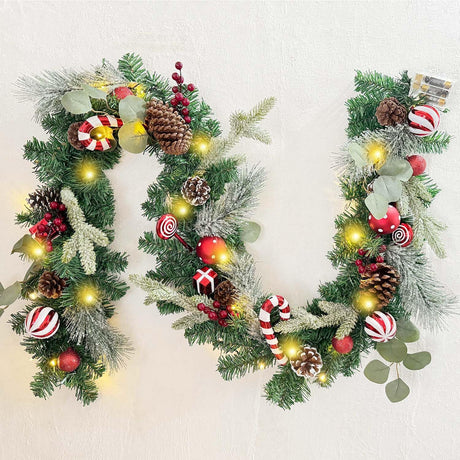 WANNA-CUL Pre-Lit 6 Feet/ 72 Inch Christmas Garland with Lights for Front Door Red White Christmas Mantel Garland Decoration with Ball Ornaments,Candy Canes,Eucalyptus Leaves, Battery Operated 30 LED WANNA-CUL