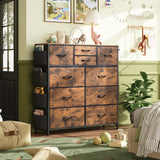 WLIVE Dresser for Bedroom with 10 Drawers, Fabric Dresser Chest of Drawers with Side Pockets and Hooks, Sturdy Metal Frame, Drawers Organizer Unit for Room, Hallway, Rustic Brown Wood Grain Print WLIVE