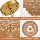YOMECOO 19.7" Hand-Woven Rattan 6-Light Farmhouse Boho Bamboo Chandelier Light Fixture Retro Drum Wicker Golden Chandelier for Dining Room, Kitchen, E12 YOMECOO