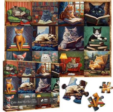 PICKFORU Vintage Cat Puzzles for Adults 1000 Pieces and up, Funny Puzzles Collection Cat Books, Retro Animal Puzzle for Cat Lovers PICKFORU