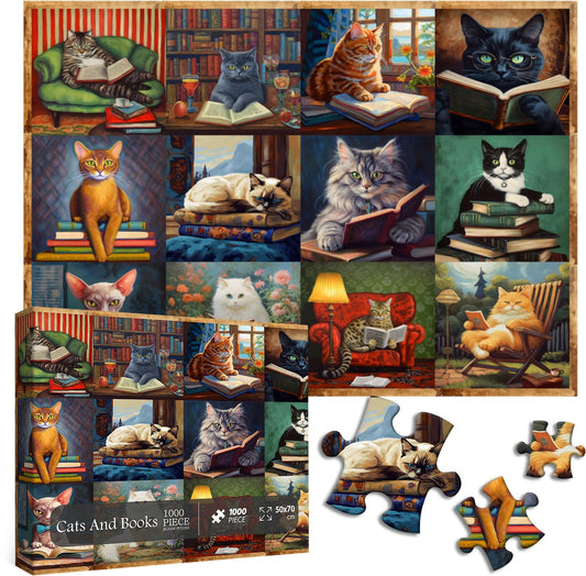 PICKFORU Vintage Cat Puzzles for Adults 1000 Pieces and up, Funny Puzzles Collection Cat Books, Retro Animal Puzzle for Cat Lovers