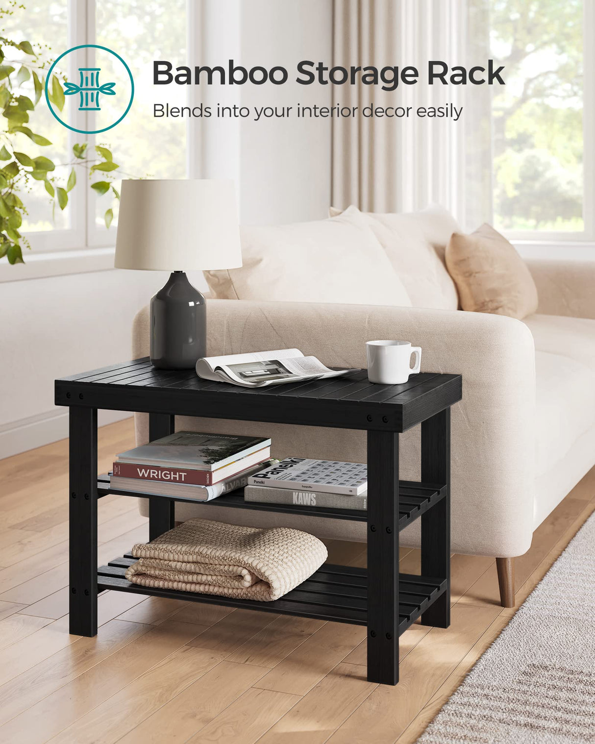 SONGMICS Shoe Rack Bench, 3-Tier Bamboo Shoe Storage Organizer, Entryway Bench, Holds Up to 286 lb, 11.3 x 27.6 x 17.8 Inches, for Entryway Bathroom Bedroom, Black ULBS04H SONGMICS