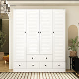 AGOTENI Armoire Wardrobe Closet with 4 Shutter Doors & 2 Hanging Rods, Wood Clothing Storage Cabinet with 5 Drawers & Shelves for Bedroom, White, 19.1" D x 59.1" W x 70.5" H AGOTENI