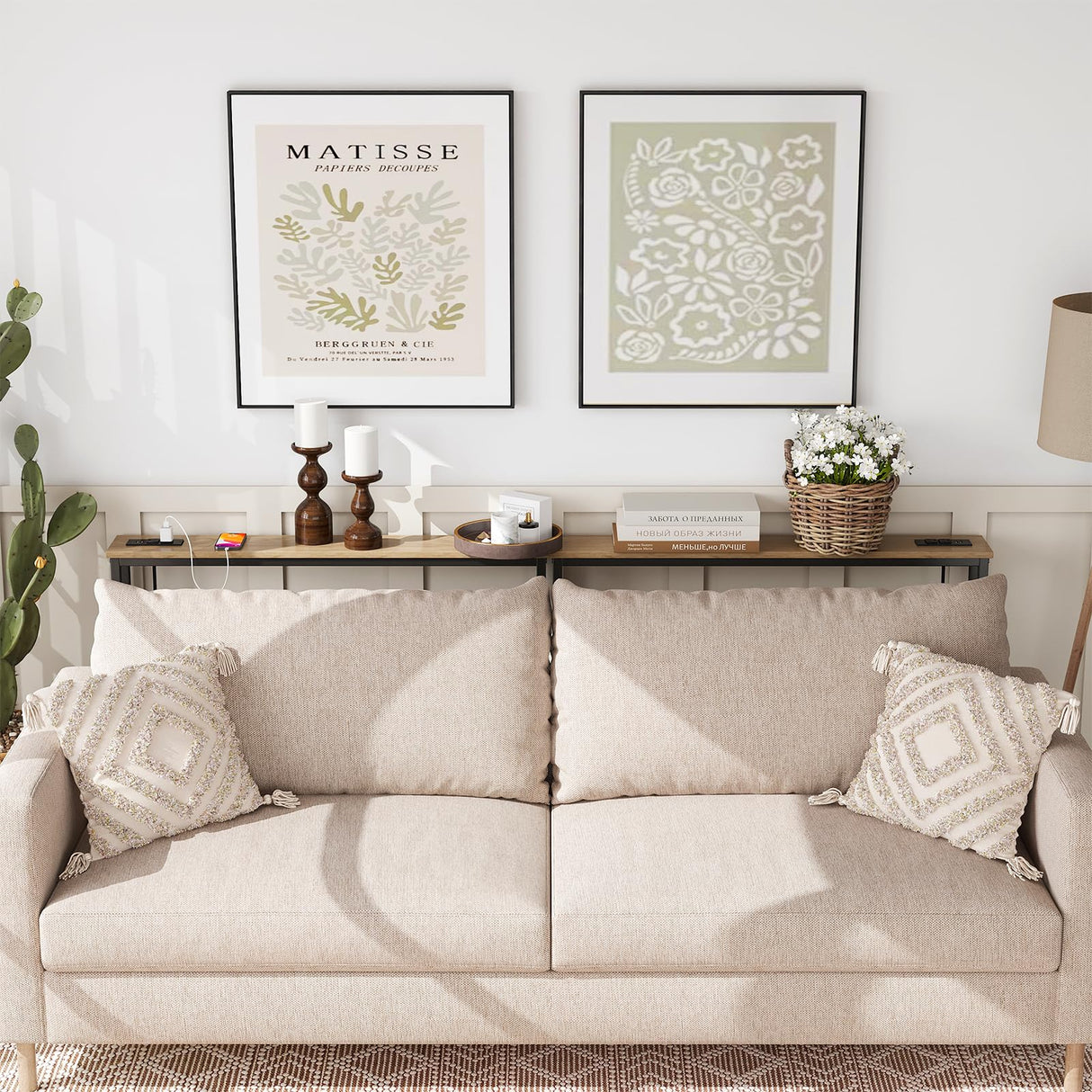 ELYKEN 5.9" Narrow Console Sofa Table with Power Outlets, 5.9" Dx39.4 Wx31.1 H Long Couch Table with Metal Frame and Charge Station with 6.5’ Extension Cord, White Oak ELYKEN