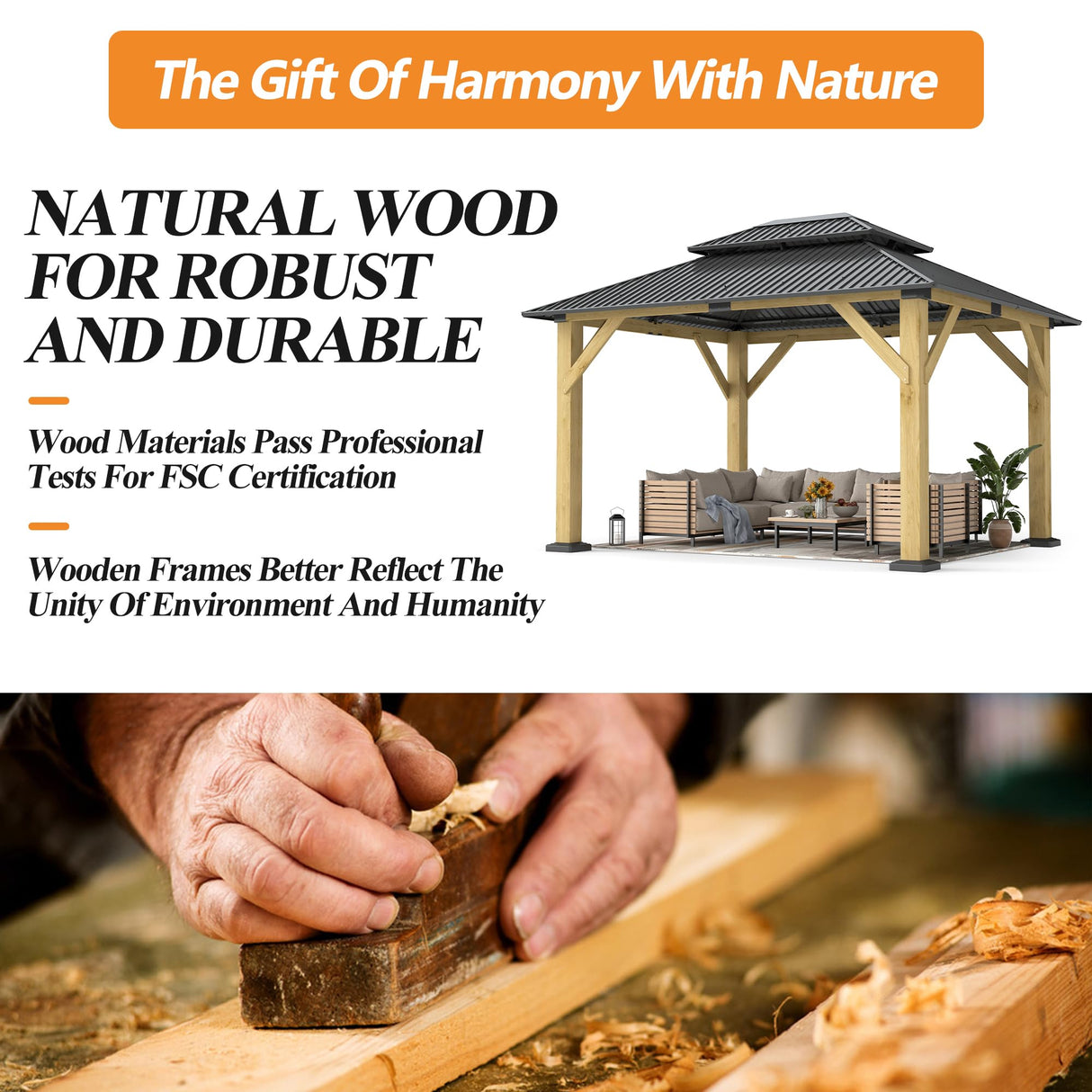 GARTOO 10’x 12’ Outdoor Wood Gazebo - Patio Hardtop Gazebo Permanent Wooden Pavilion with Galvanized Steel Double Roof, Cedar Wooden Gazebos for Garden, Lawn, Poolside, Backyard Deck GARTOO