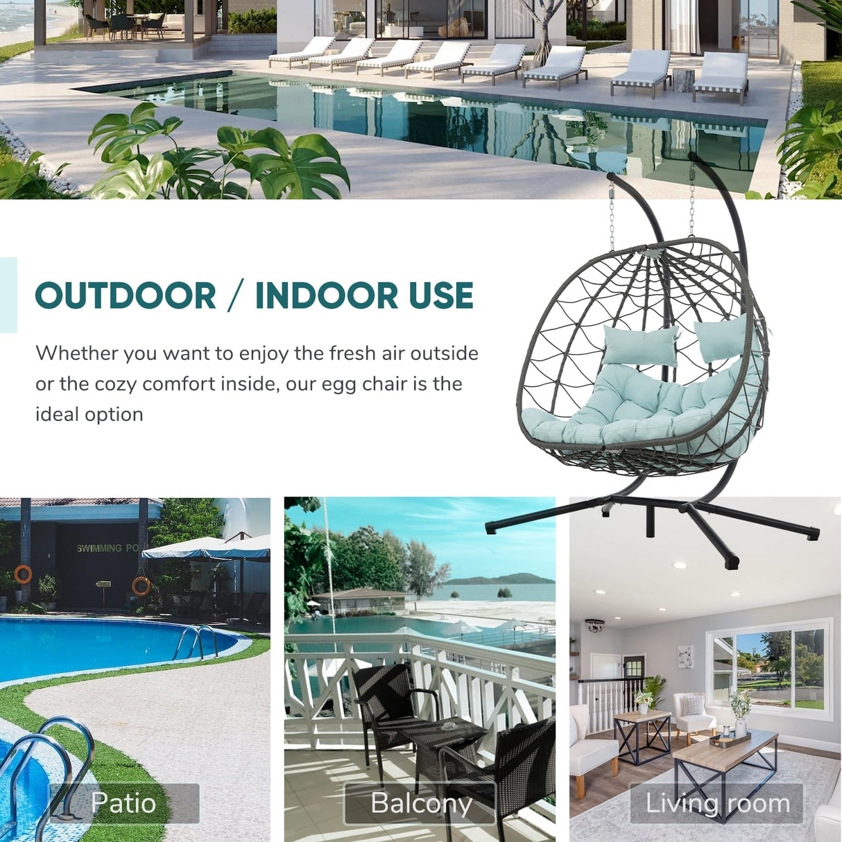 JOYBASE Double Swing Egg Chair with Stand, 2-Person Hanging Egg Chair Wicker Rattan Oversized Swinging Chair for Outdoor Indoor Garden Patio (Light Blue) JOYBASE