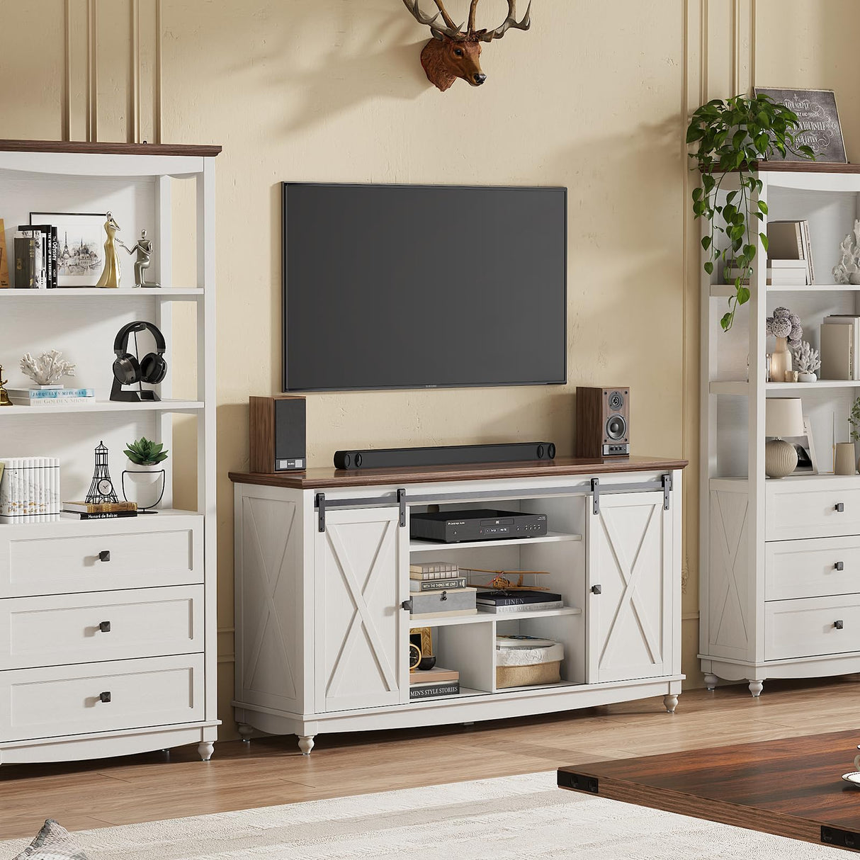Farmhouse TV Stand for 65 75 Inch TV, 32" Tall Entertainment Center with Storage Cabinets and Barn Door, White Console Table with 3 Open storage shelve, Wood TV Console Table for Living Room, Bedroom ALLSTAND