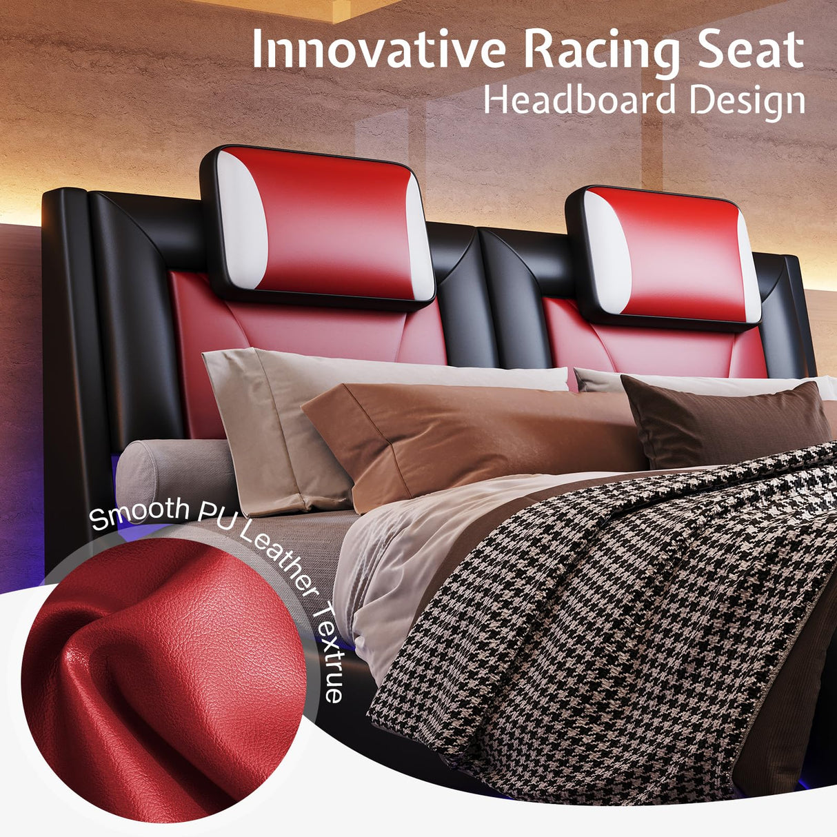 Jocisland LED Queen Bed Frame, Modern Faux Leather Upholstered Platform Bed, Wave Like Curve Design No Box Spring Needed, Red Jocisland