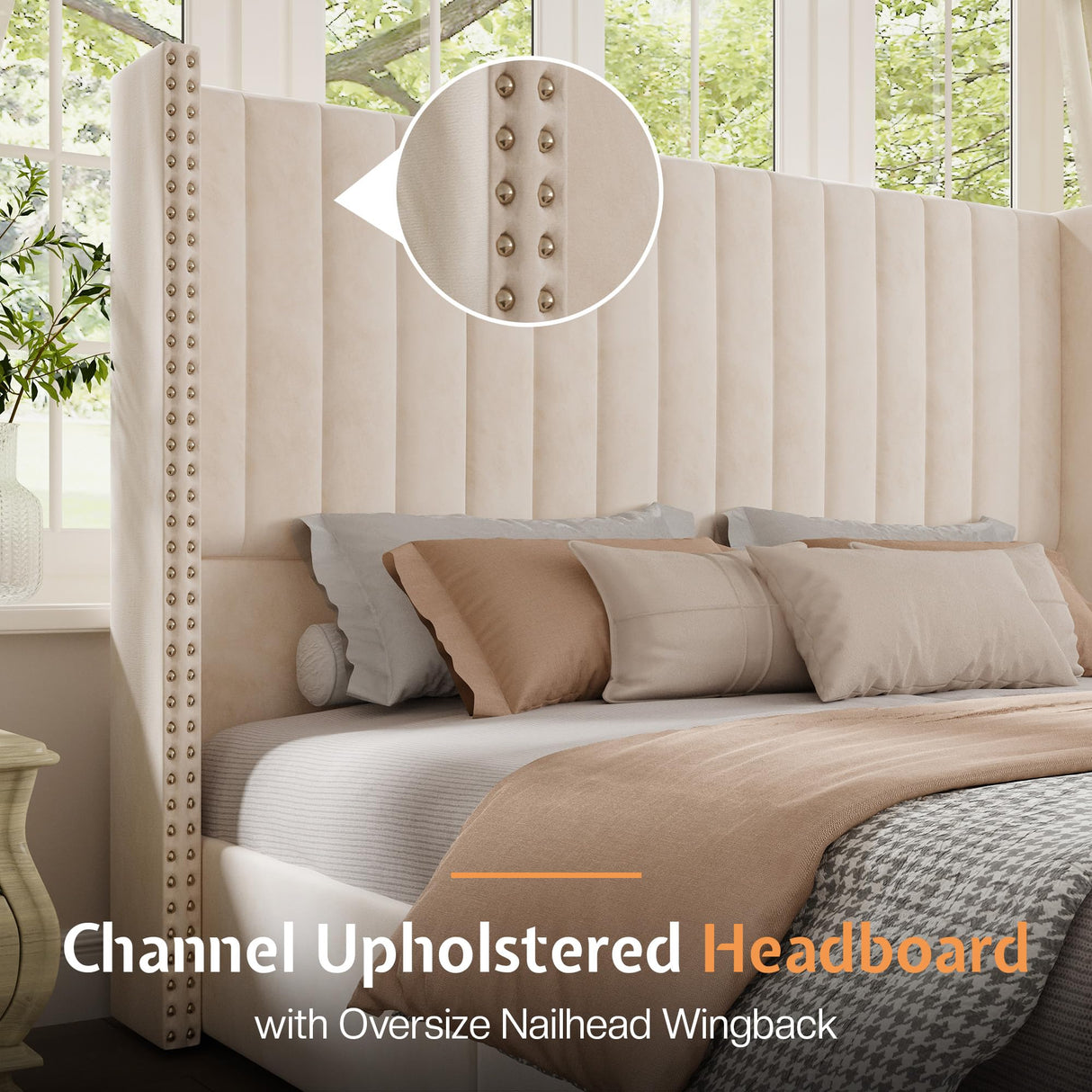 Jocisland Lift up Storage Bed Frame King Size, Upholstered Platform Bed Velvet with Channel Tufted Wingback Headboard, No Box Spring Needed, Cream Jocisland