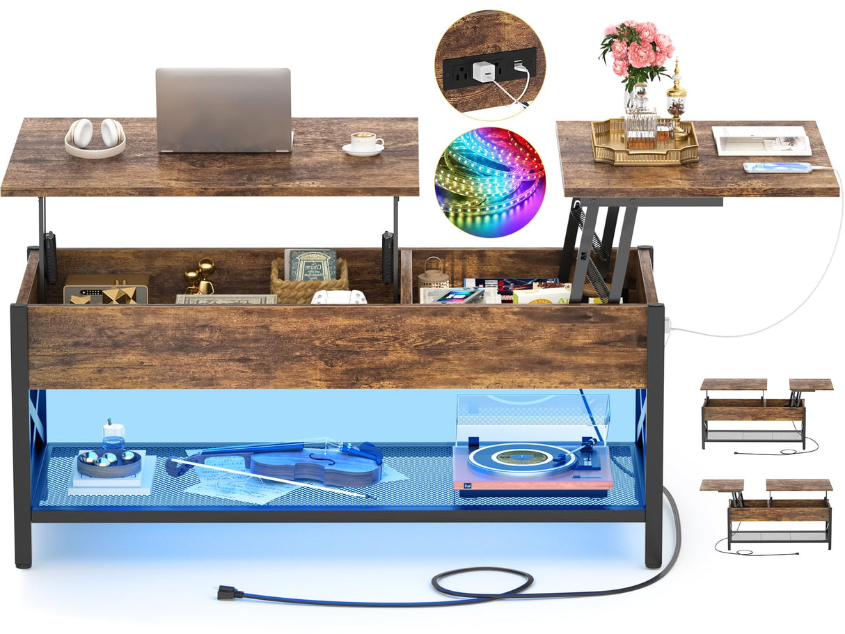 Besiost Coffee Table, Lift Top Coffee Table with Storage, LED Light & Power Outlet and Hidden Compartment, Retro Center Table for Living Room, X Support Wood Tabletop, Metal Frame, Rustic Brown Besiost