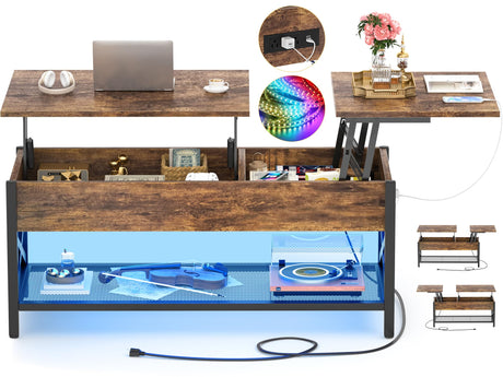 Besiost Coffee Table, Lift Top Coffee Table with Storage, LED Light & Power Outlet and Hidden Compartment, Retro Center Table for Living Room, X Support Wood Tabletop, Metal Frame, Rustic Brown Besiost