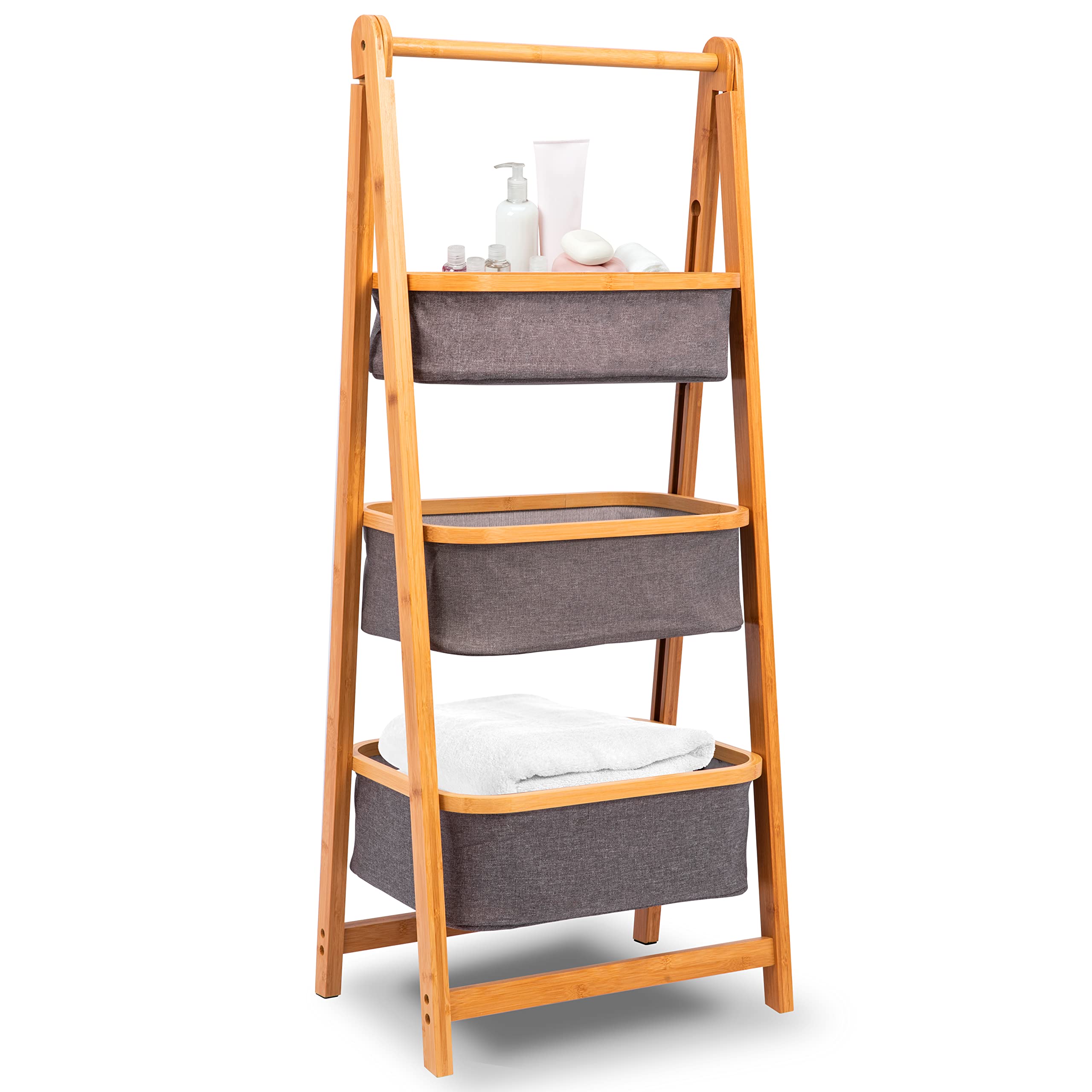 3 Tier Bamboo Laundry Shelf - Space-Saving Foldable Organizer with Baskets - Thumbnail 2
