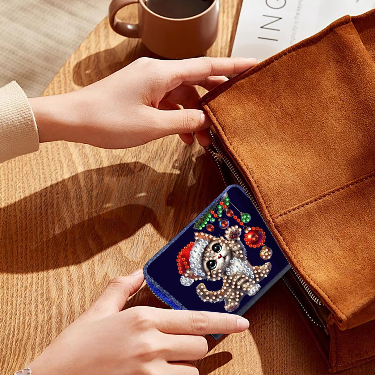 yzARTche Diamond Art Painting Christmas Credit Card Wallet, RFID Blocking Gem Art Leather Zipper Card Holder Wallet for Women-11-Cat yzARTche