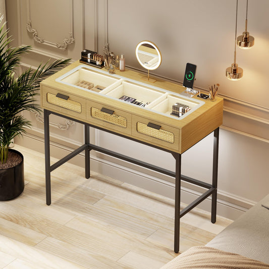 FREDEES Makeup Vanity with LED Lights - Vanity Desk with Glass Top Design & Charging Station, Wooden Makeup Table with Rattan Drawers, Bedroom Furniture Dressing Table Office Desk