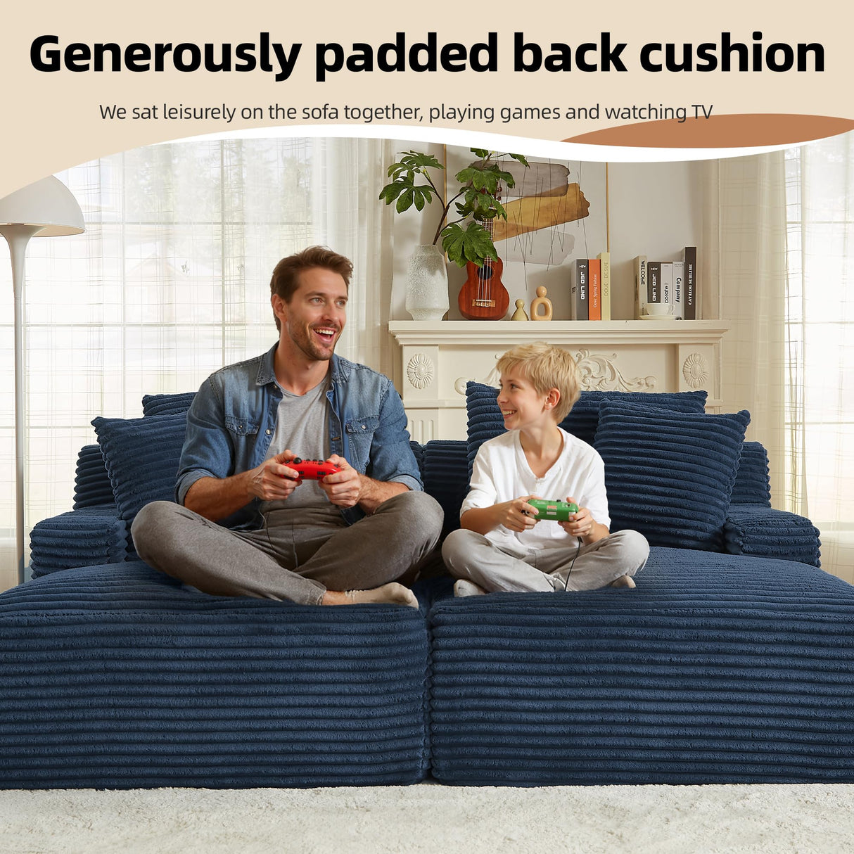 ComeWay 78" Oversized Double Lounge Chaise, Fluffy Upholstered Boneless Cloud Couch No Assembly Required with 4 Pillows, Modern Corduroy Loveseat Sleeper Sofa for Living Room Bedroom Reading, Blue ComeWay