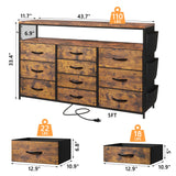 EnHomee Dresser for Bedroom with 10 Fabric Drawers, Dresser with LED Lights & Power Outlets, 55" TV Stand Dresser with Side Pockets and Wood Open Shelves for Bedroom, Entryway, Rustic Brown EnHomee
