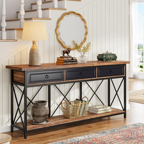 Tribesigns 70.8" Console Table with 3 Drawers, Farmhouse Entryway Table with Storage Shelf, Narrow Long Sofa Foyer Table for Entryway, Hallway (Brown/Black) Tribesigns