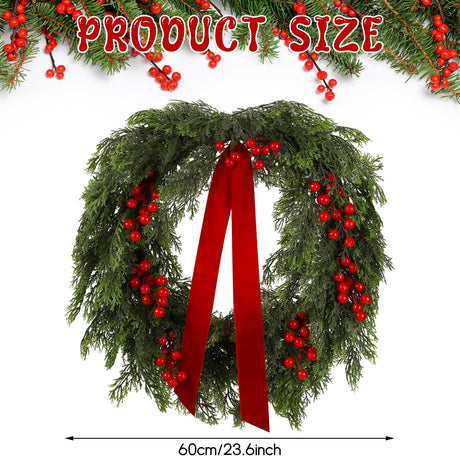 Suncalla 24'' Artificial Cedar Wreath for Front Door Christmas Wreaths Faux Cedar Decorated with Berry and Ribbons Xmas Wreath for Indoor Window Wall Fireplace Holiday Decor Suncalla
