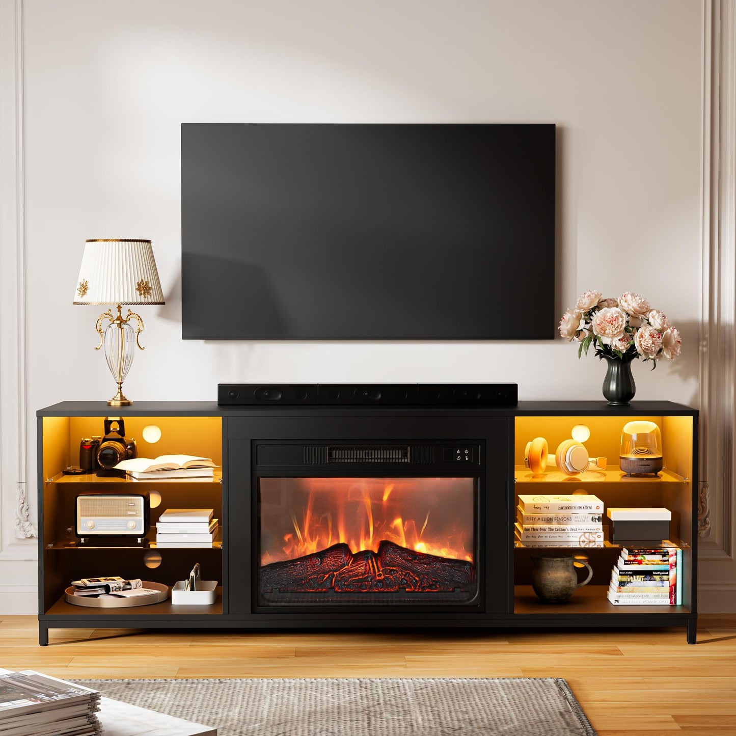 SunsGrove Fireplace TV Stand with Electric Fireplace Insert, 65" Wide Modern Entertainment Center with LED Light & Storage, Wood TV Stand for TVs Up to 70", Living Room/Bedroom, Black - WoodArtSupply