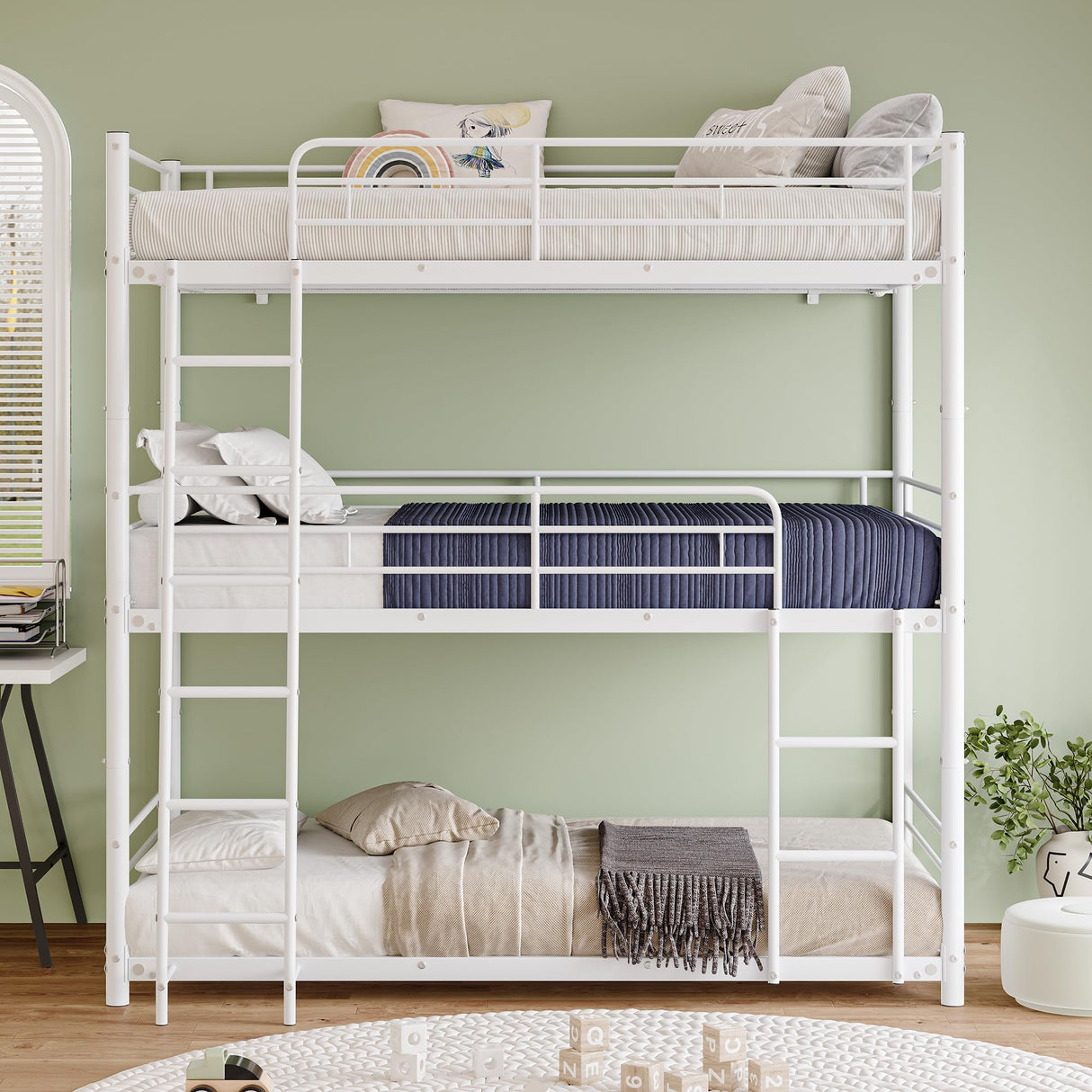 LUMISOL Metal Triple Bunk Bed with 2 Ladders and Guardrails,Twin Over Twin Bunk Bed for 3 Kids, Heavy Duty Triple Bunk Bed Frame, No Noise, White LUMISOL