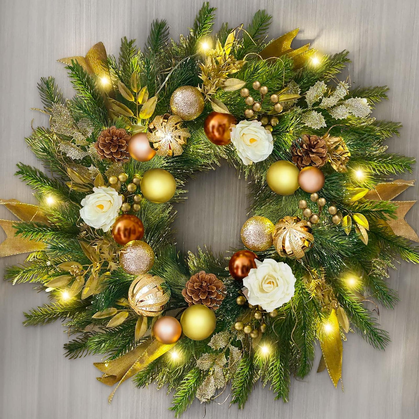 Christmas Wreaths for Front Door with Lights,24 inch Gold Large Christmas Wreaths Outdoor,Decorated with Christmas Ball,Pine Cones,Branches,Rose,Ribbon,Berry for Thanksgiving Fall Winter Decor