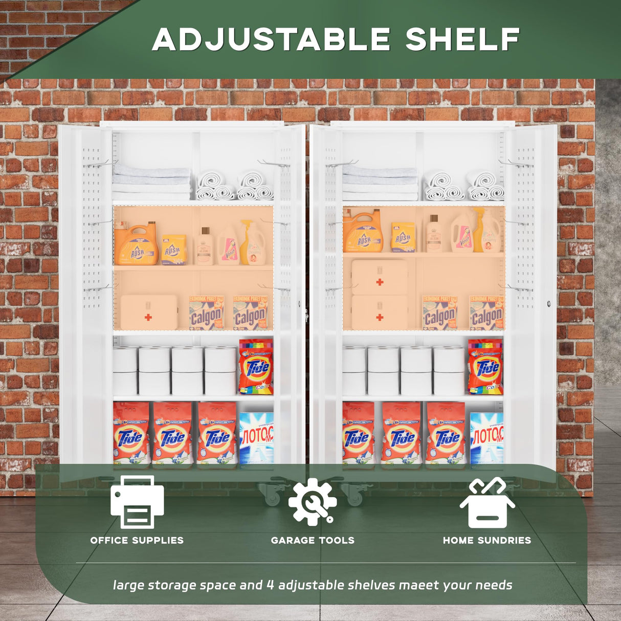 Greenvelly White Metal Storage Cabinet with Wheels, 72" Steel Garage Rolling Cabinet with Doors and 4 Shelves, Tall Locking Cabinets Tool Lockable Storage Cabinets for Basement, Pantry, Home Office Greenvelly