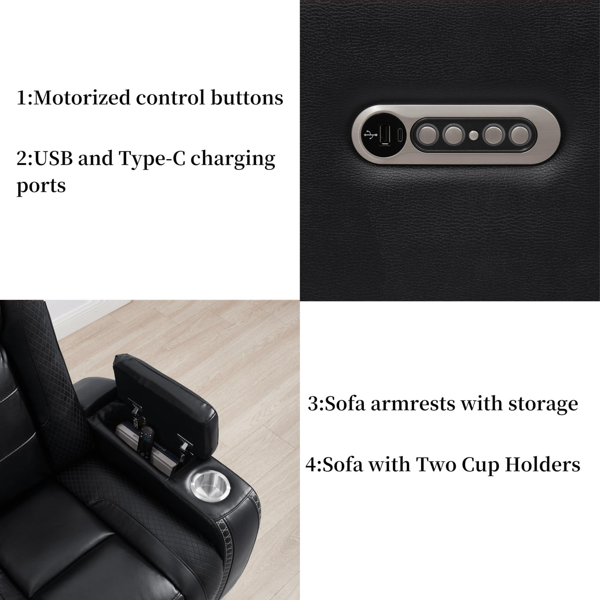 THSUPER Black Leather Power Recliner Sofa Loveseat Sets with Arm Storage and Power Headrest, Leather Living Room Reclining Sofa and Loveseat Set with Cup Holders and Bluetooth Speaker. THSUPER