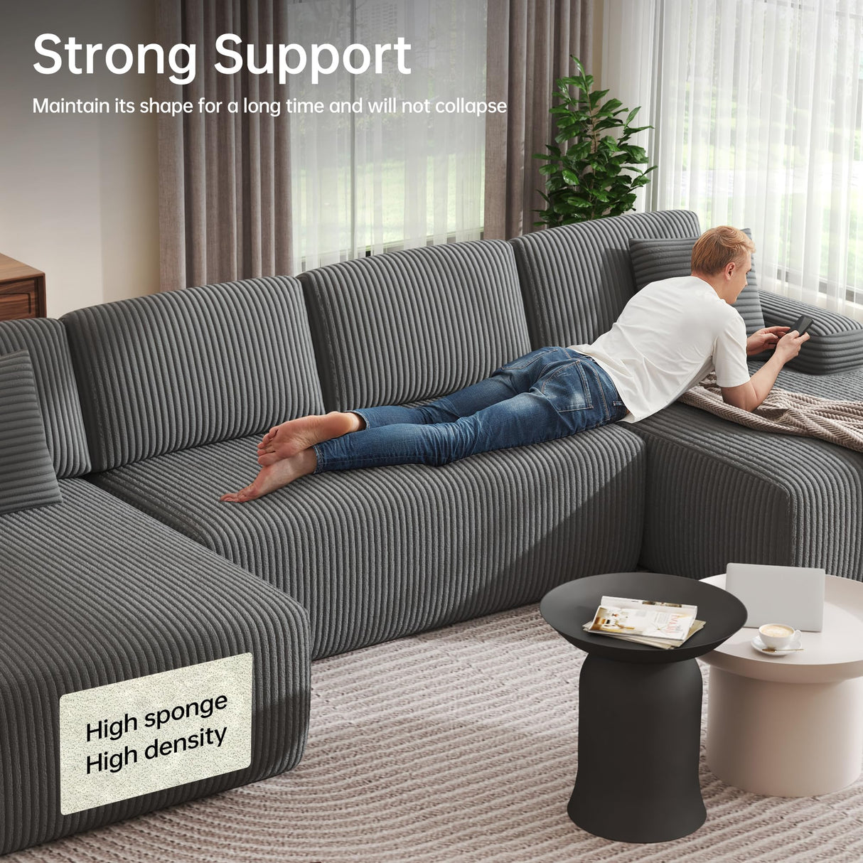 DURASPACE Cloud Sectional Couches, 126.2'' Modular U-Shaped Sofa with Deep Seat, Corduroy Boneless Sleeper Sofa Bed with Memory Foam for Living Room, No Assembly Required (Gray) DURASPACE