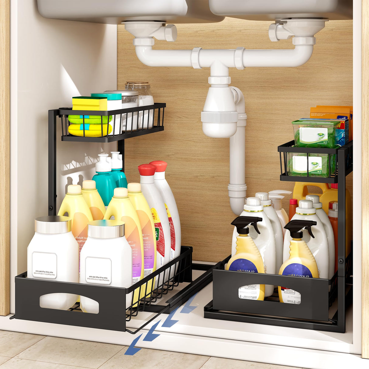 Under Sink Organizer , 2 Pack Height Adjustable Cabinet Organizer with Slide Out Drawer, Pull Out Under Sink Storage, Multi-Purpose 2 Tier Sink Shelves for Kitchen Bathroom Pantry (Black, 2 Pack) Fabutier