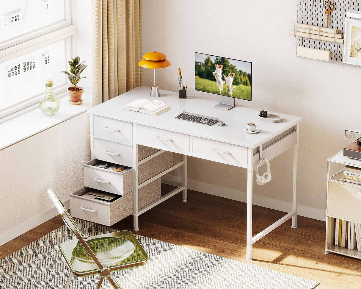 ODK Computer Desk with 6 Drawers, 40 Inch Small Desk with Storage, Reversible Desk with Headphone Hook for Home Office, Work Study Table for Bedroom, White ODK