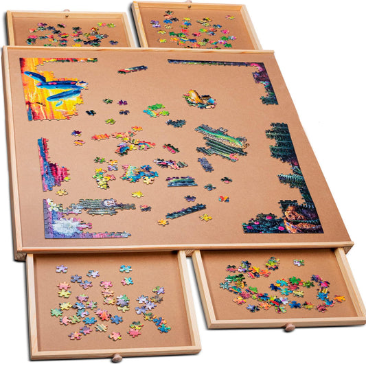 PLAYVIBE Rotating Jigsaw Puzzle Board with Drawers 1000 Piece – Puzzle Table with Cover, 4 Drawers, 22 1/4” x 30" – Wooden Puzzle Organizer – Puzzle Accessories