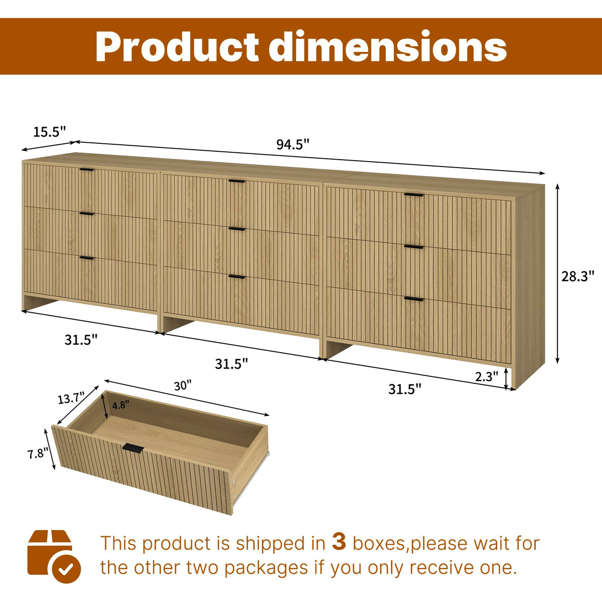 BVIUNTWO Fluted 9 Drawer Dresser,95 Inch Modern Chest of Drawers with Metal Handle,Wood Dresser Organizer for Bedroom,Living Room,Hallway,Natural Oak BVIUNTWO