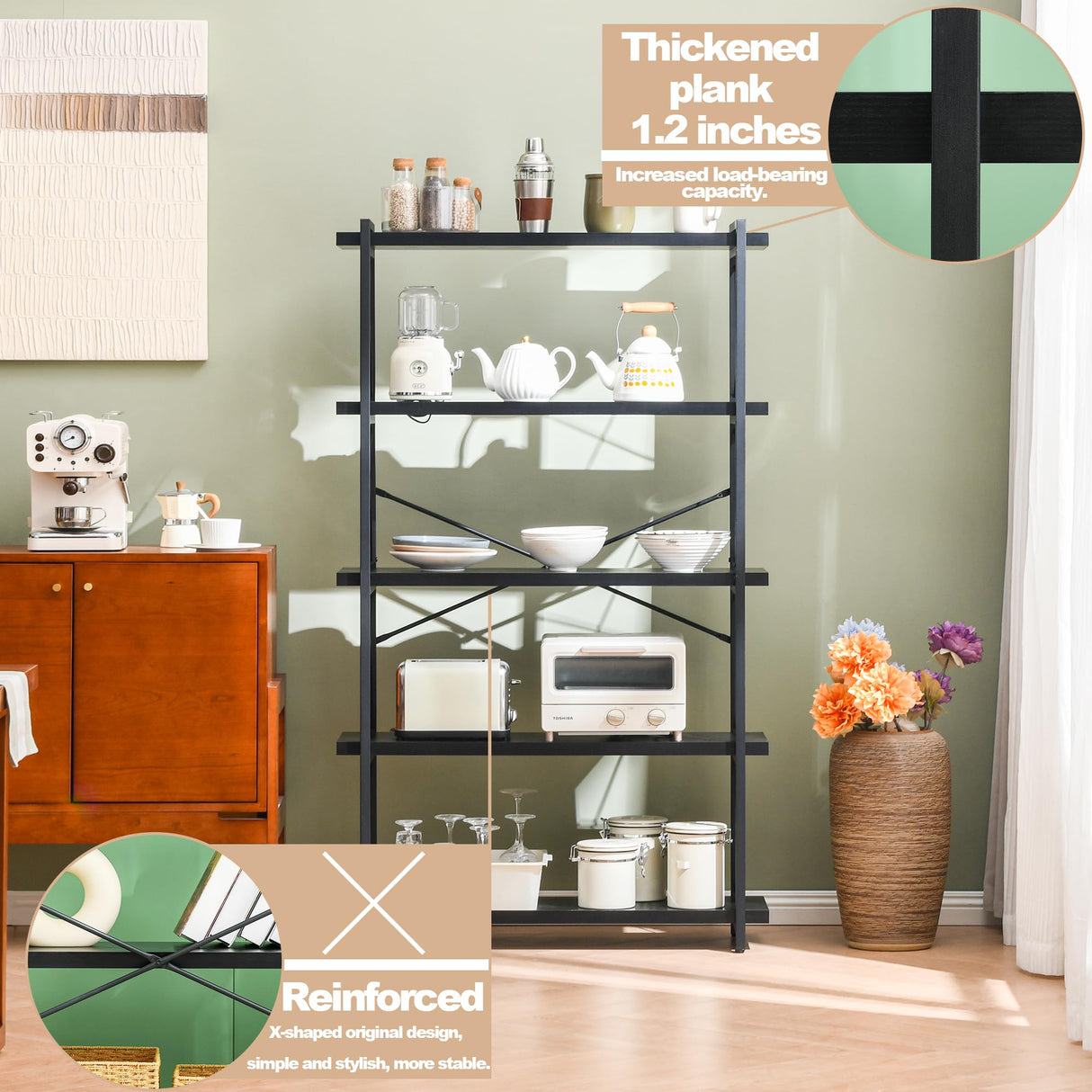 HCHQHS Bookshelf, 5-Tier Industrial Bookcase, Black Open Book Shelf, Freestanding Tall Bookshelves with Metal Frame HCHQHS