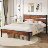 VECELO Full Size Bed Frame with Headboard Wood, Solid and Strong Metal Platform Support, No Box Spring Needed VECELO